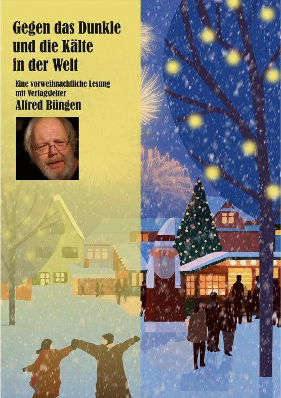 Das Bild zeigt eine Grafik mit einer gemalten Winterszene. Kinder vor einer Häuserfront, Es fällt Schnee. Im Hintergrund ein Feuerwerk. Zudem ist ein Weihnachstbaum zu sehen. Die Menschen laufen auf ein hell erleuchtetes Gebäude zu. In dem Bild links steht der Titel des Buchs 